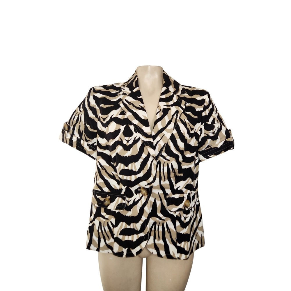 East 5th NEW Zebra Print Short Sleeve Linen Blend Blazer Jacket Tan Black M